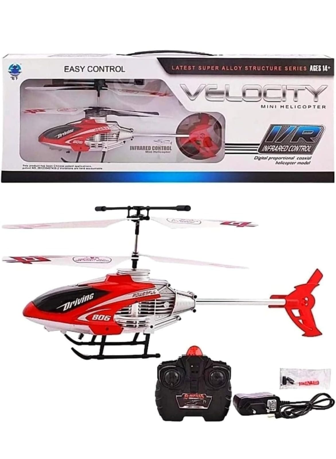 RERA Remote Control Velocity Flying Helicopter with Unbreakable Blades, Infrared Sensors & Light, 2D/2.5D Transmitter Chargeable Helicopter Toy  blue and red