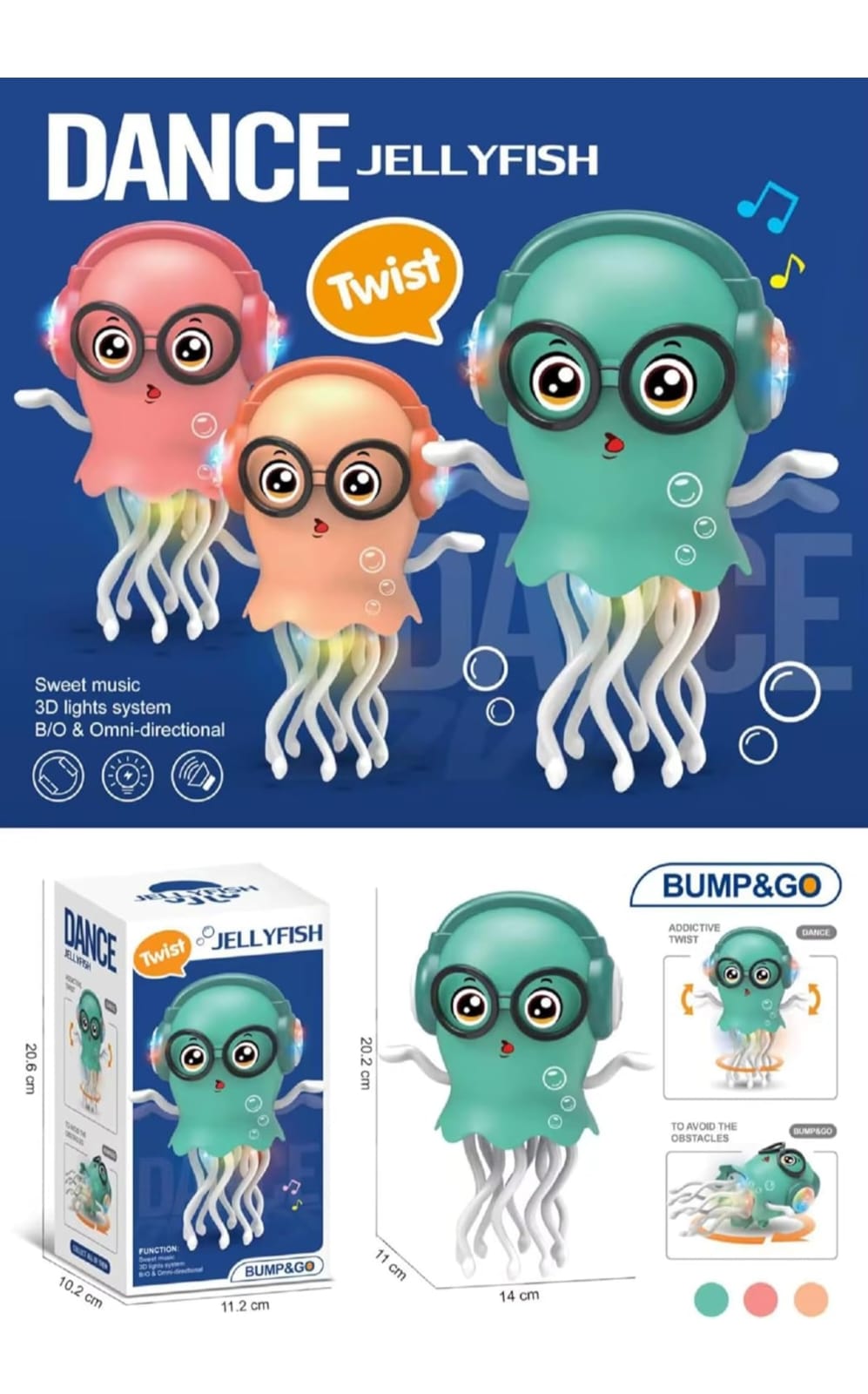 Dancing Jellyfish Toy Bump & Go Musical Light Toy with Headphones and Glasses, Battery Operated