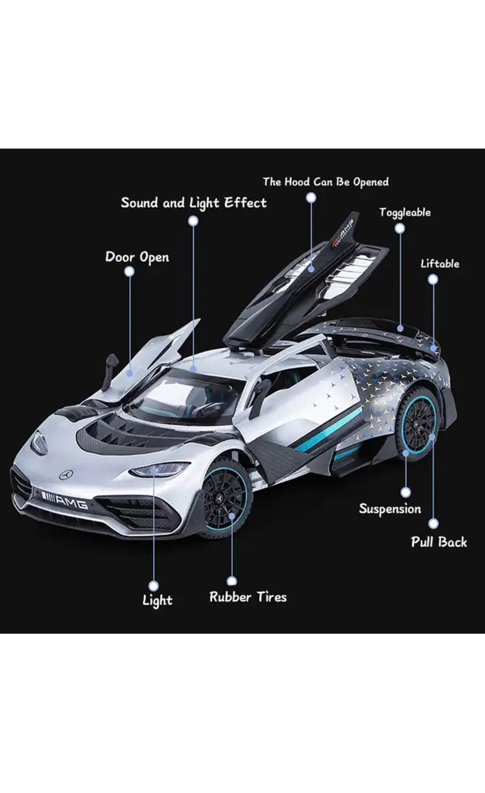 Play 1:24 M AMG ONE Model Car Diecast Metal Alloy Pullback Toy Vehicle with Oenable Doors Light and Music Toy Car for Kids Boys Boy And Girl (Orange And white colour)