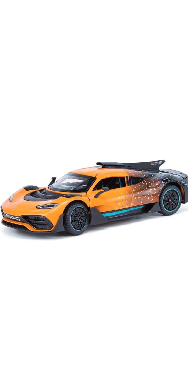 Play 1:24 M AMG ONE Model Car Diecast Metal Alloy Pullback Toy Vehicle with Oenable Doors Light and Music Toy Car for Kids Boys Boy And Girl (Orange And white colour)