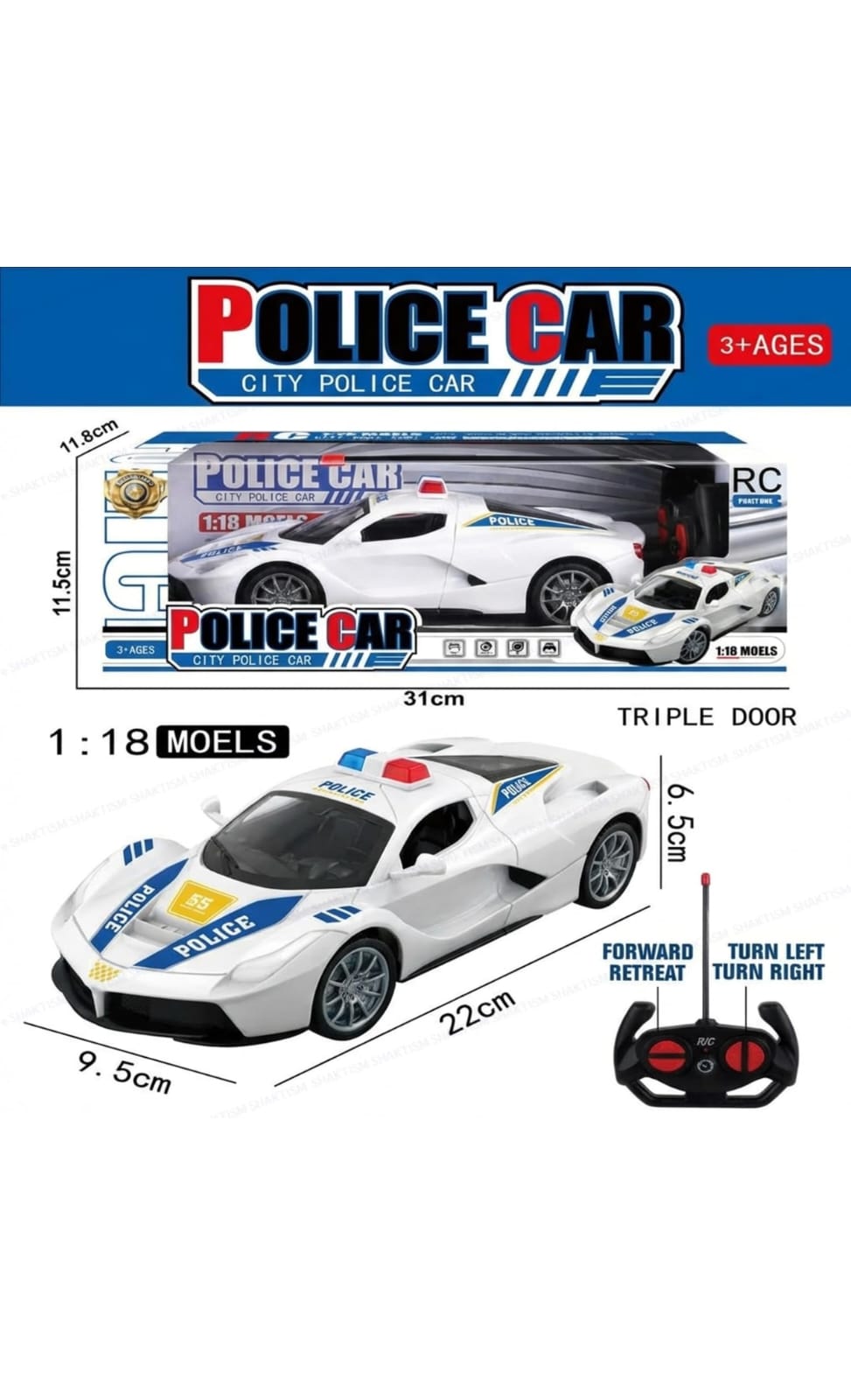 Remote Control Police Car, White Sports Car with Red Siren Light, RC Toy with Controller, Racing Vehicle for Kids Door Open Boy And Girl 5 years White colour