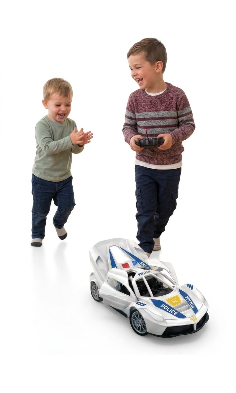 Remote Control Police Car, White Sports Car with Red Siren Light, RC Toy with Controller, Racing Vehicle for Kids Door Open Boy And Girl 5 years White colour
