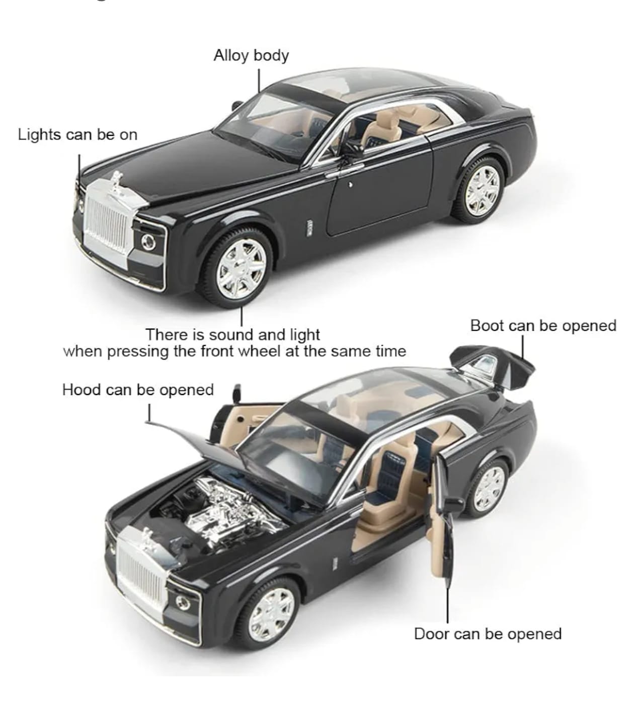 Metal Toy Cars of Sweptail, 1:24 Scale Rolls-Royce Model Diecast Cars with Door/Sound/Light/Pull Back, Collectible Car Toy Gift Boy And Girl In 5 Years