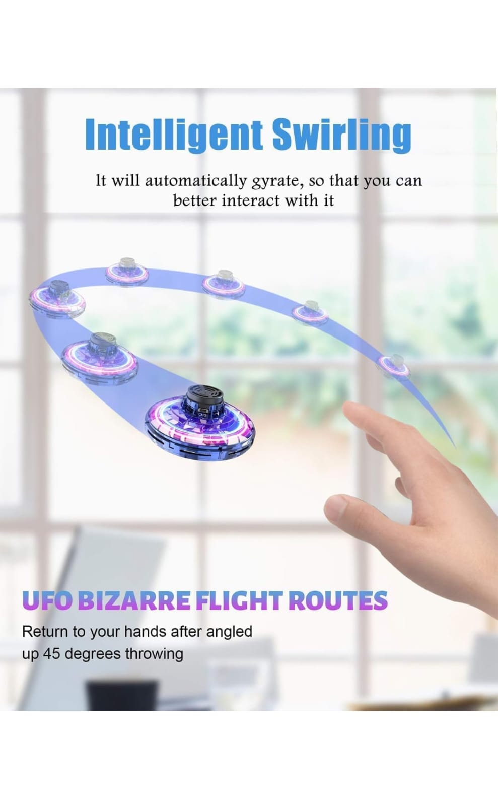Hand-Controlled UFO Flying Spinner Toy – Rechargeable LED Hover Spinner for Kids & Adults, Cool Tricks & Outdoor Fun, for Ages 6+ (Blue
