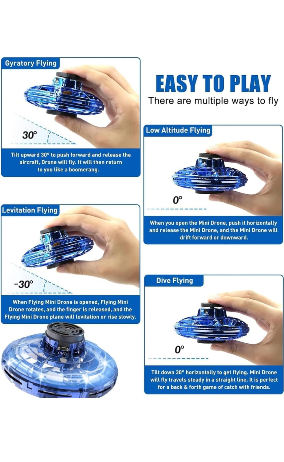 Hand-Controlled UFO Flying Spinner Toy – Rechargeable LED Hover Spinner for Kids & Adults, Cool Tricks & Outdoor Fun, for Ages 6+ (Blue
