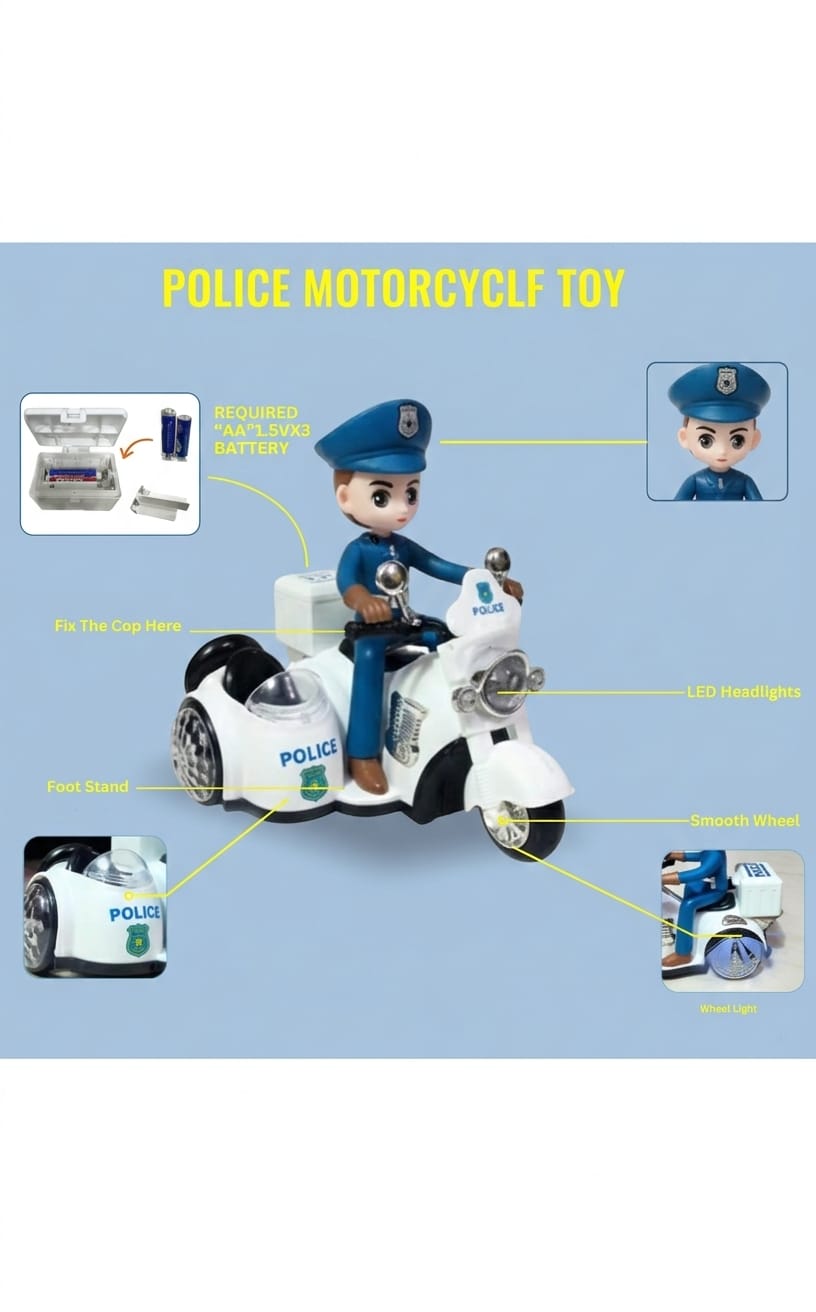 Police Motorbike Musical Toy for Kids with Detachable Policeman, 360° Rotating Stunt Spin Bike, Flashing Lights & Sound, Battery-Operated Vehicle for Boys & Girls ( 2+ Years)