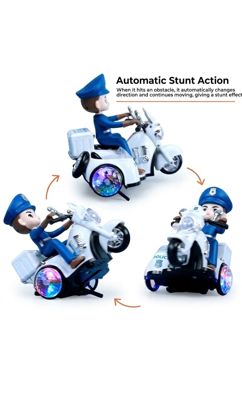 Police Motorbike Musical Toy for Kids with Detachable Policeman, 360° Rotating Stunt Spin Bike, Flashing Lights & Sound, Battery-Operated Vehicle for Boys & Girls ( 2+ Years)
